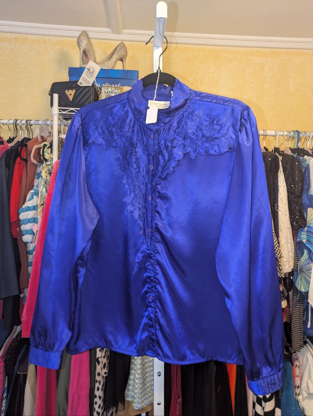Vintage Barabara Karen 4Royal Blue Satin Floral Cutout Lace Blouse - Size 14